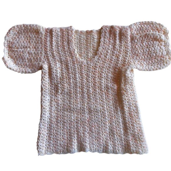 Vtg Hand Crocheted Top Women’s Puff Sleeves white Yellow Peach Glitter Yarn - Picture 1 of 9